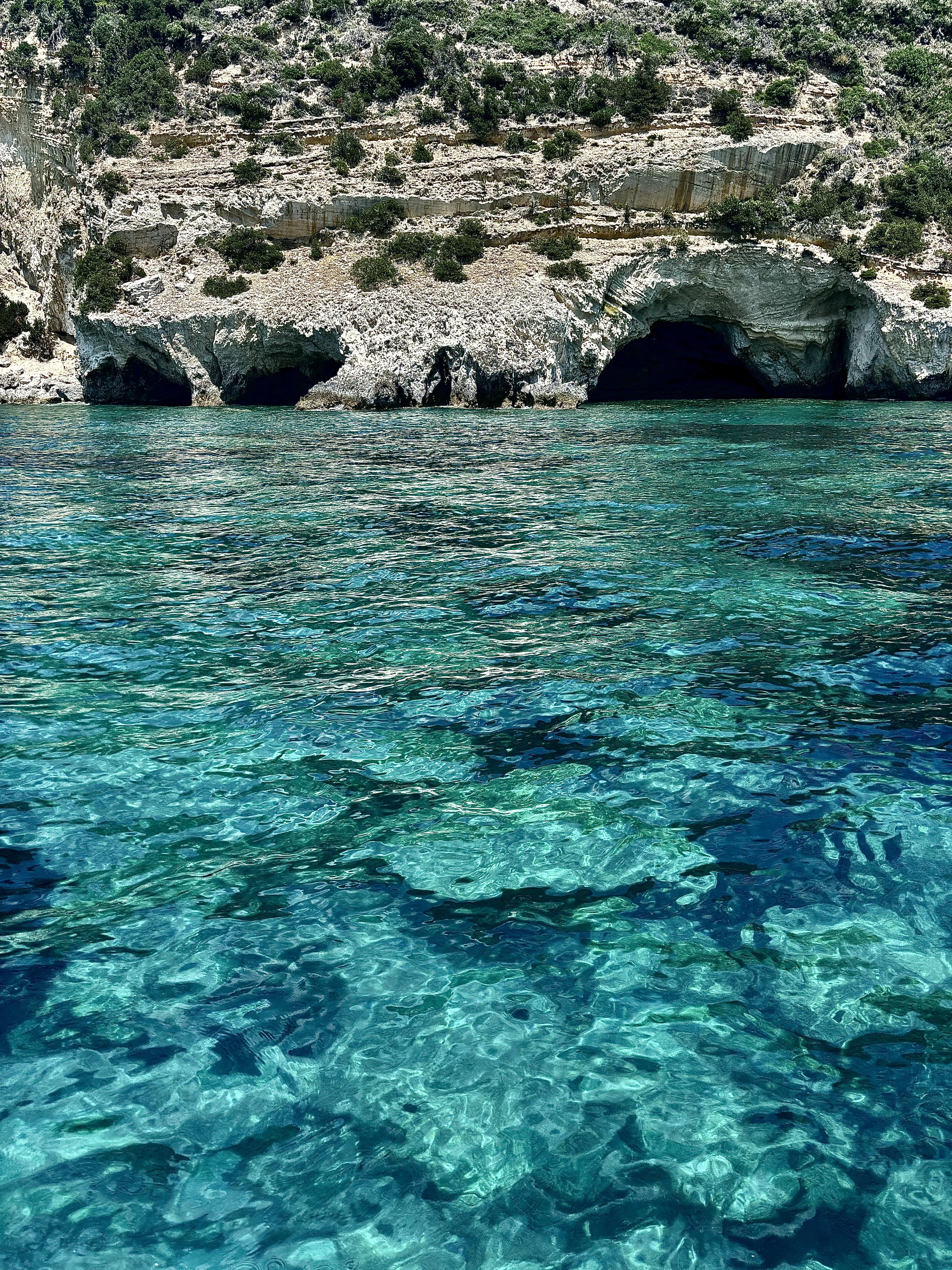 Turquoise water with caves and cliffs covered in green bushes in the background.