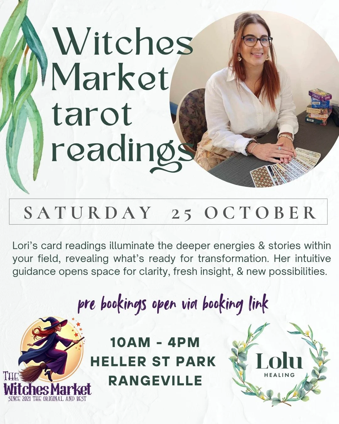 ✨ This Saturday, 25 October ✨
Join me at the Halloween themed Witches Market at Picnic Point Park 10am -4pm🔮

✨ My pre-bookings are open until 10pm Friday, 24 October. Secure your spot ahead of time or wander by my stall on the day to book in person