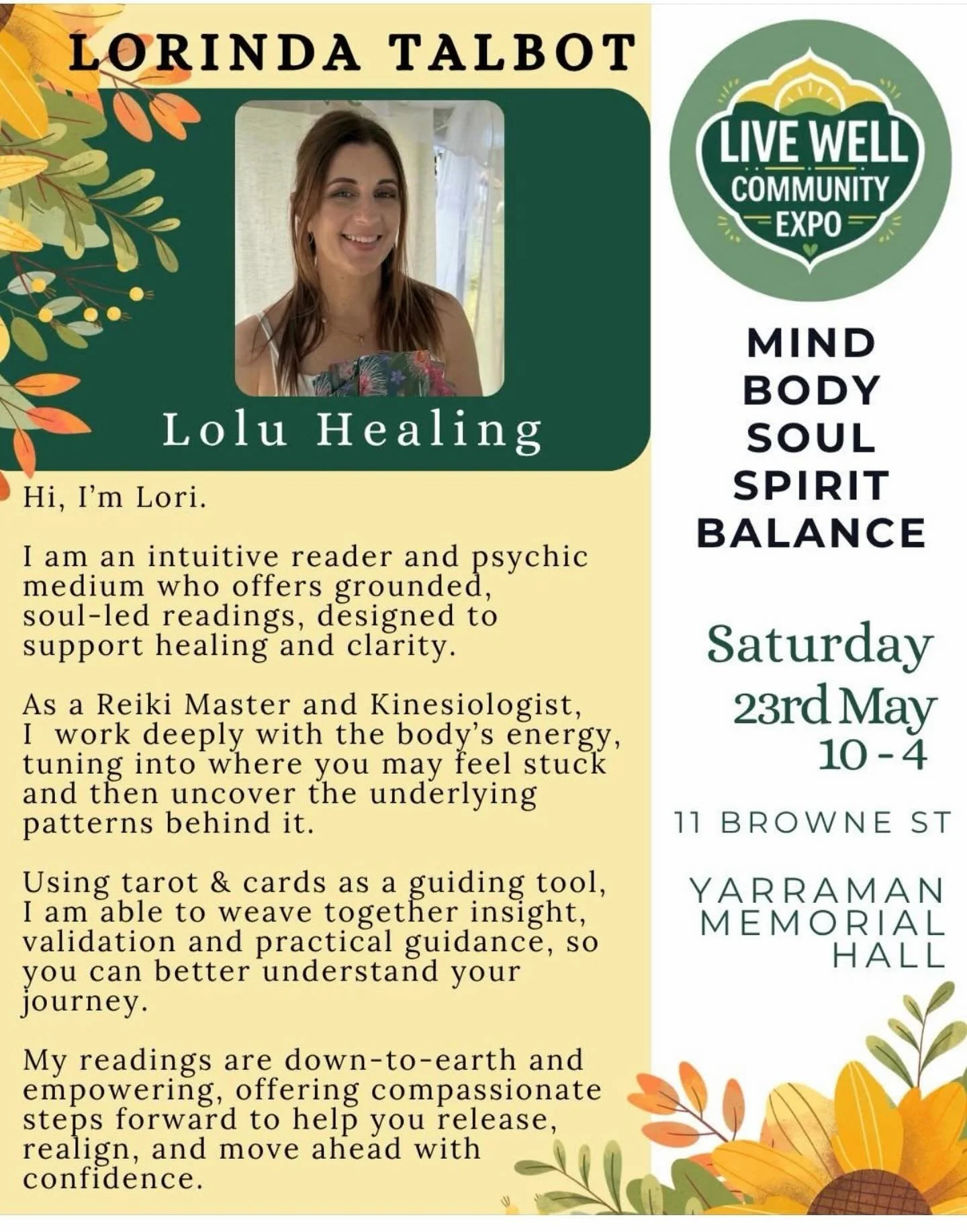 If your soul has been craving clarity, deeper truth, or just a moment to breathe and reconnect; this is your sign.

Find me at the Yarraman Live Well Expo 💜 

🗓️ 23 May 2026 
⏰ 10am &ndash; 4pm 
📍 Yarraman Memorial Hall 

A space filled with power