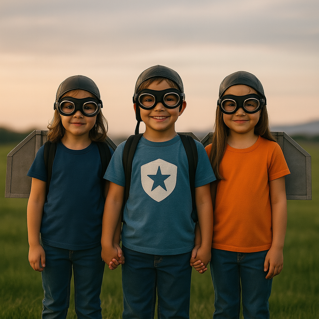 Three children dressed as young superheroes, wearing helmets and goggles, holding hands outdoors on a grassy field at sunset.