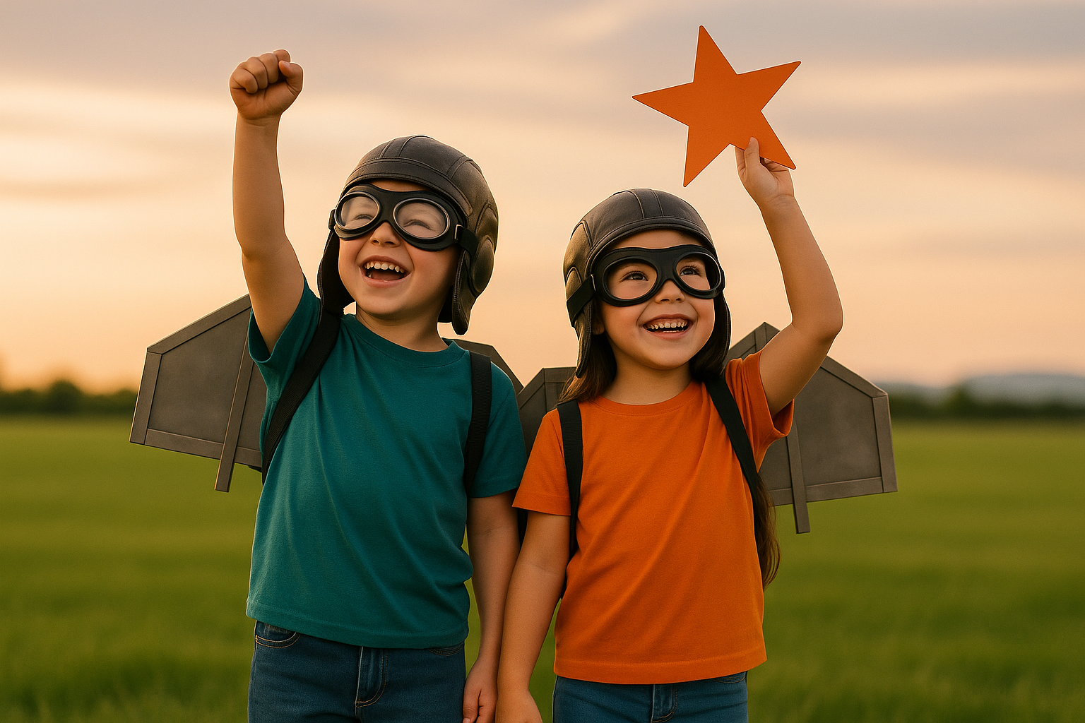 Two children wearing helmets and goggles, with cardboard rocket wings, celebrating outdoors at sunset, one holding a red star.