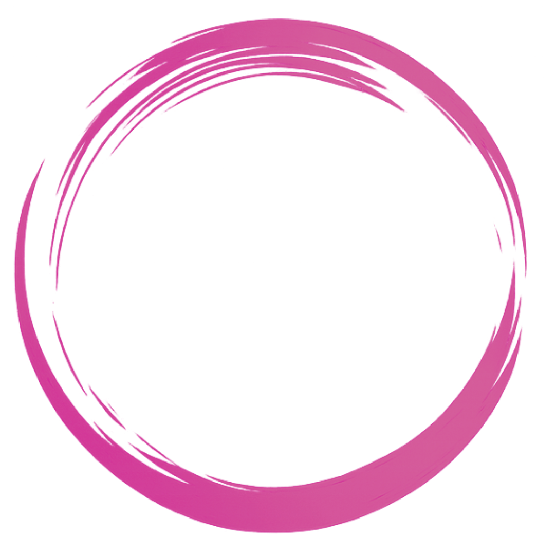 Red and purple heart shape with pink circular brush stroke outline against a pink background.