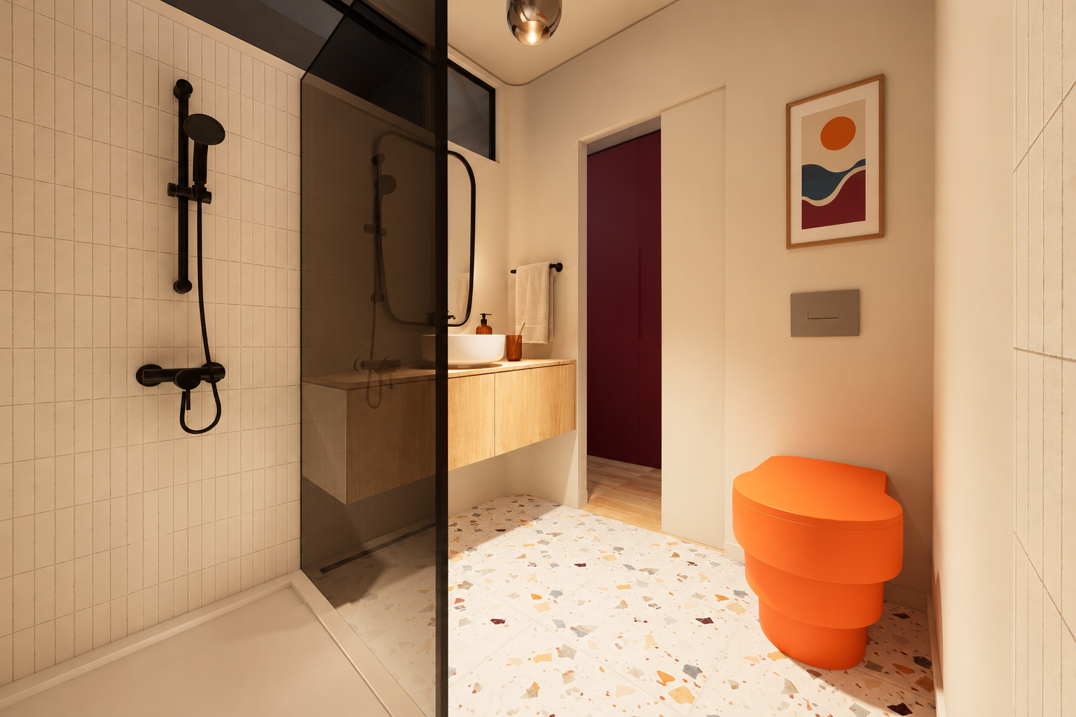 Warm Minimalist Bathroom with Orange Sculptural Toilet.png