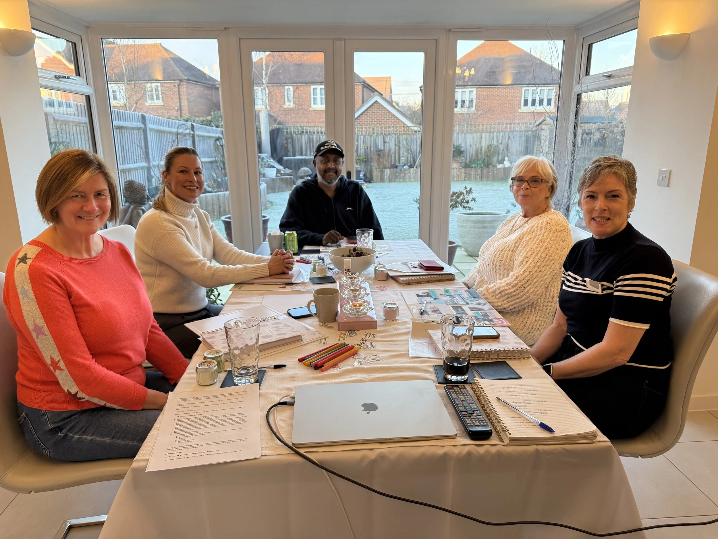 Small group Manifesting Workshop in Reading with participants gathered around a table for an interactive session