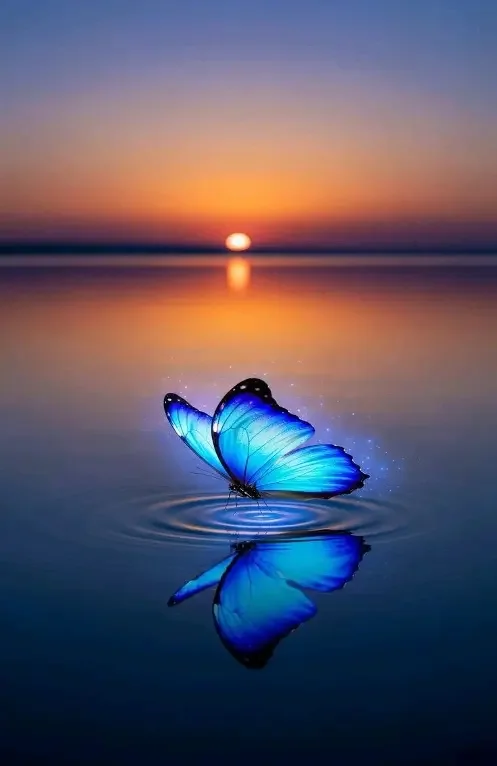 Blue butterfly resting on calm water at sunrise, symbolising personal transformation, growth and new beginnings.