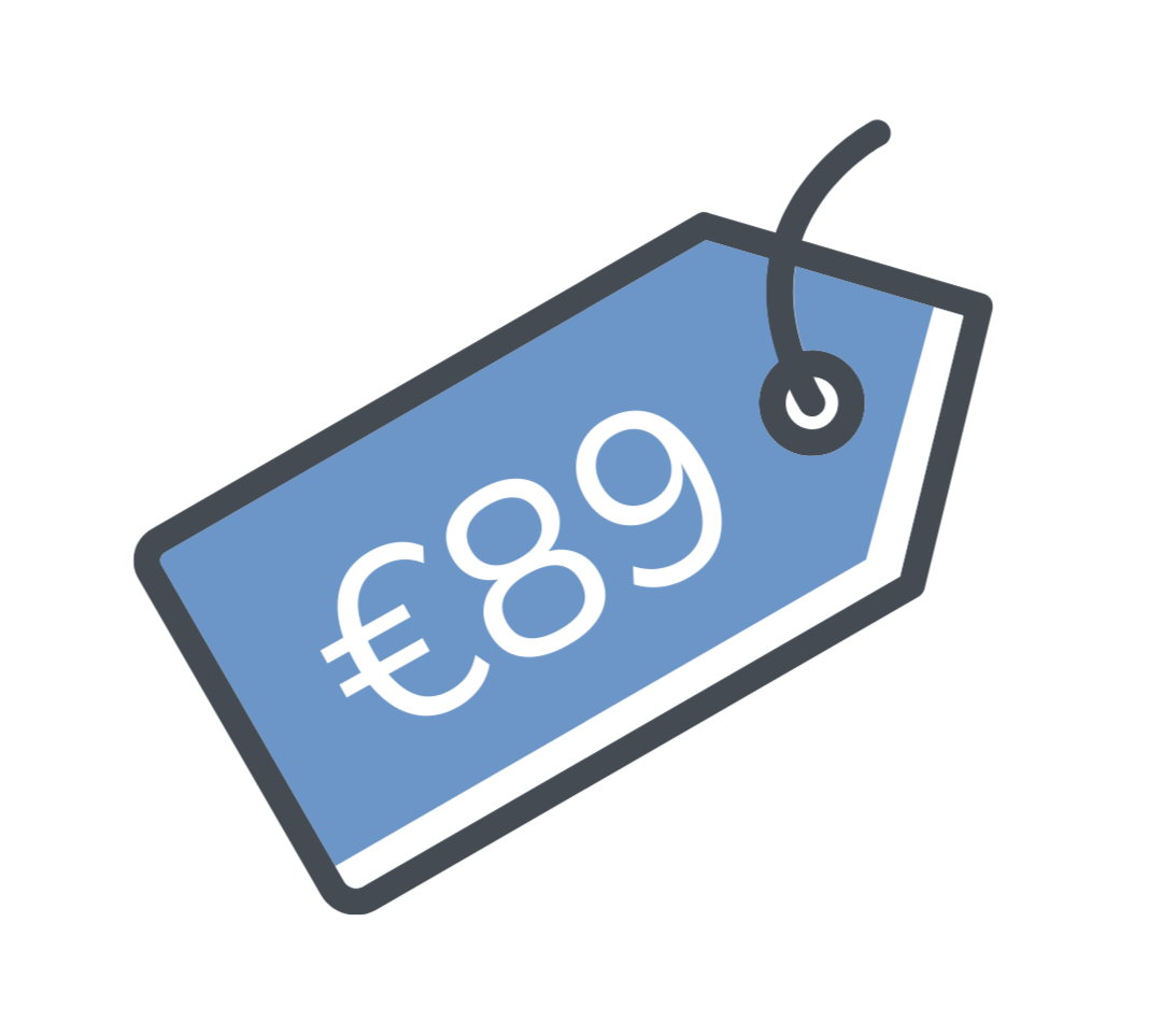 Een prijskaartje met de prijs van €8,99, op een zwarte achtergrond.