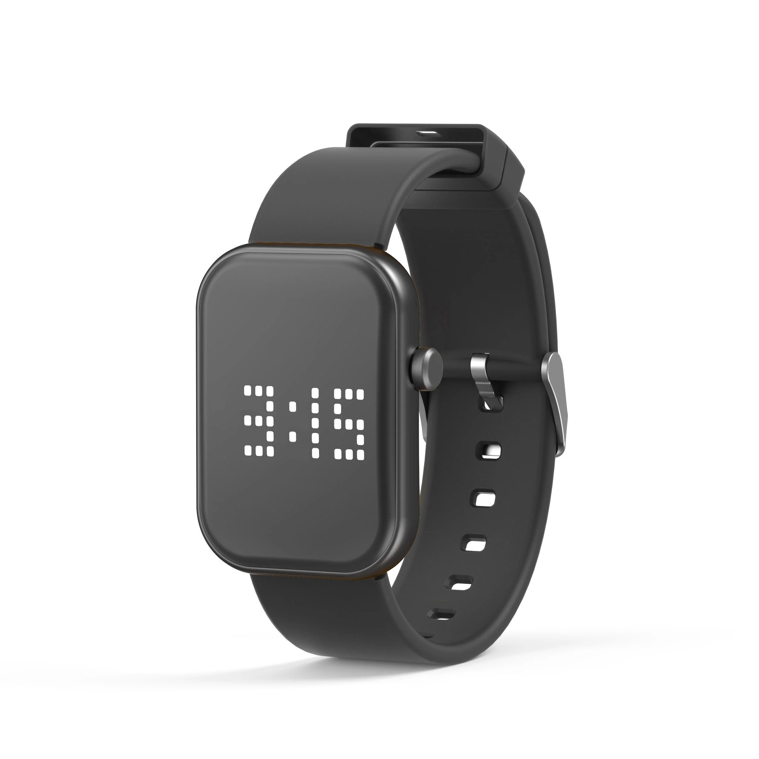 Black smartwatch with a digital display showing the time 3:15 on a white background.