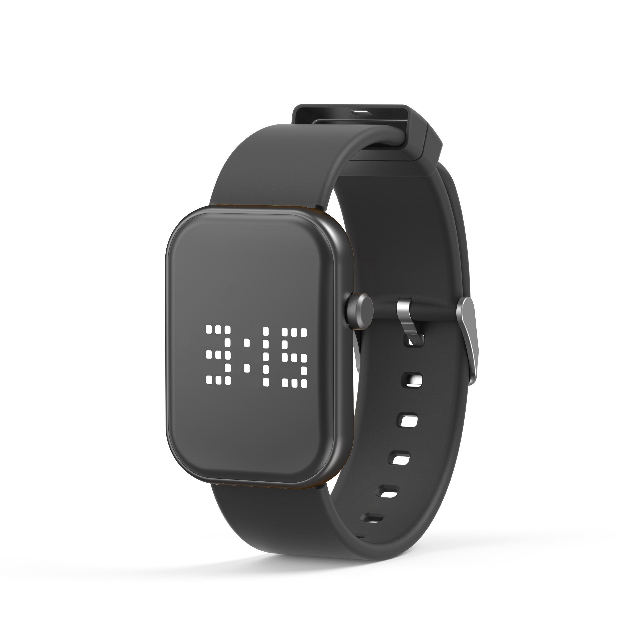 A digital smartwatch with a black band and a rectangular face displaying the time 3:15 in white dots.