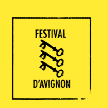 Yellow background with black border, text reads "Festival D'Avignon" with three yellow keys hanging vertically.