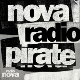 Black and white collage featuring the words 'nova radio pirate' in bold letters.