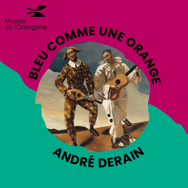 Exhibition poster for Musée de l'Orangerie featuring a painting of two clowns playing guitars, one in a colorful harlequin costume and the other in a white outfit, with bold pink and teal background and black text.