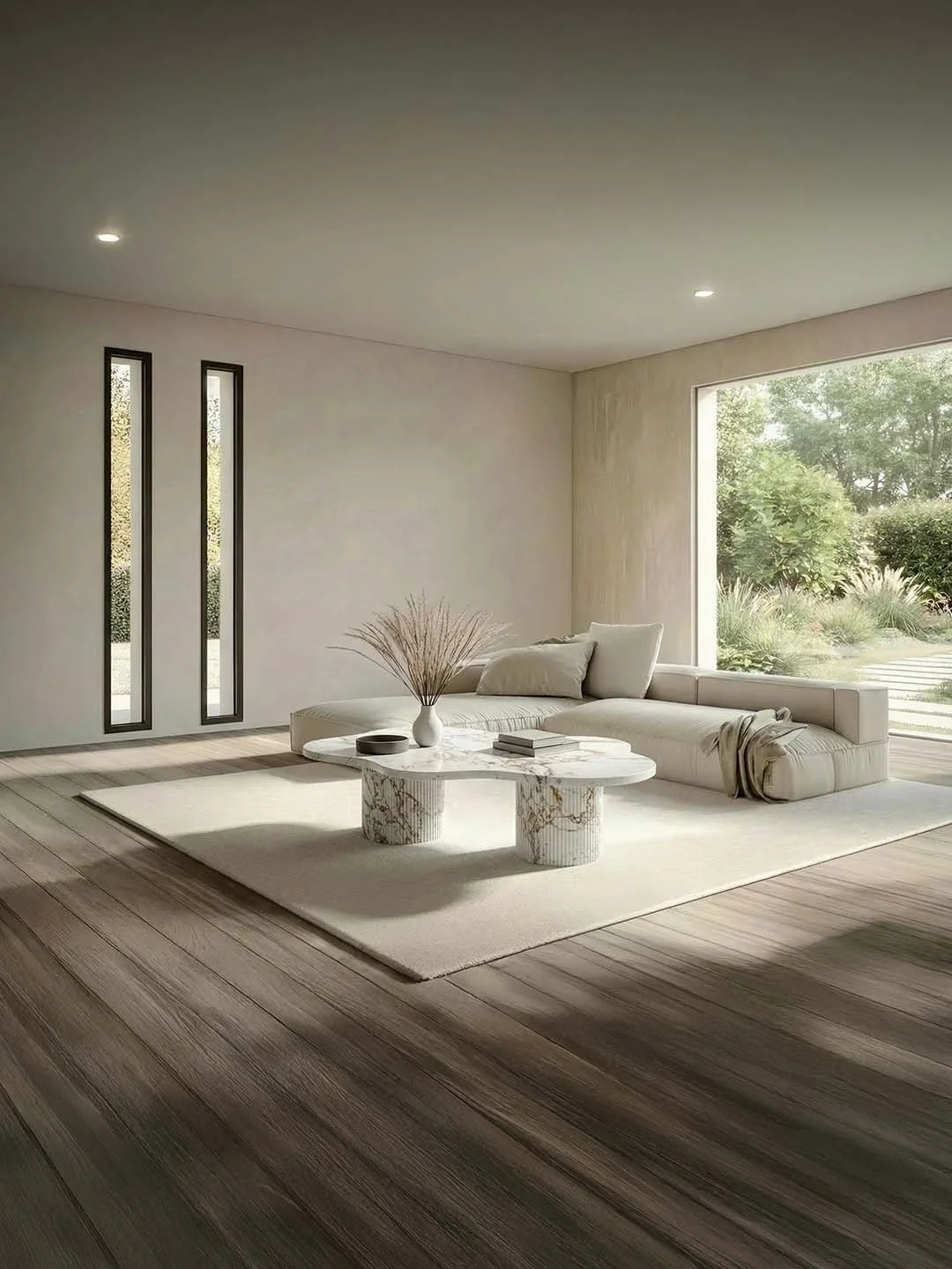 Salon moderne avec grand canapé blanc, table basse en marbre, tapis beige, grande fenêtre laissant entrer la lumière naturelle, vue extérieure avec arbres et végétation