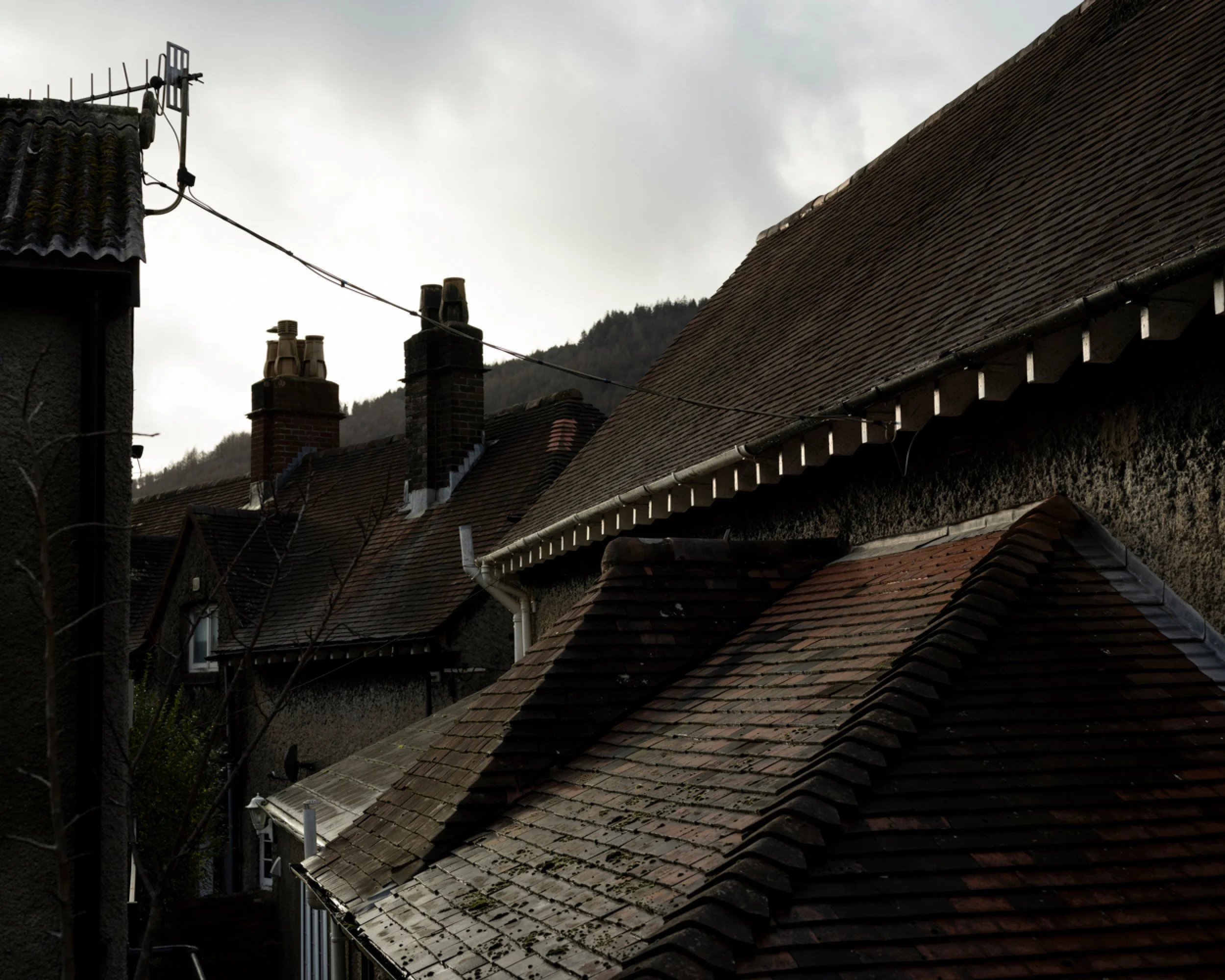 View of rooftops and chimneys of residential houses with a mountain in the background, under a cloudy sky.