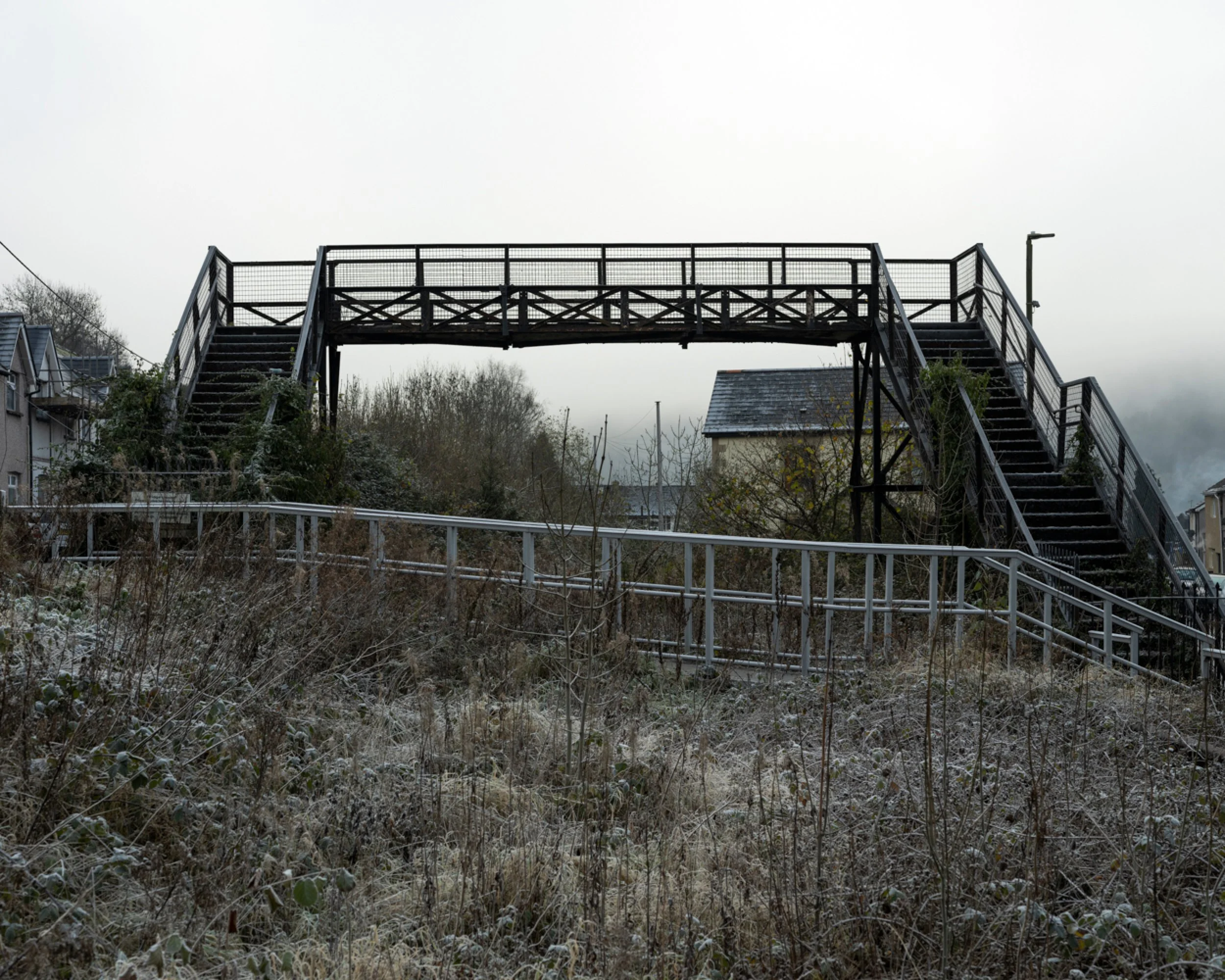 A metal pedestrian bridge with stairs on both sides, leading to a walkway, overgrown with bushes and plants, with houses and trees in the background under a cloudy sky.