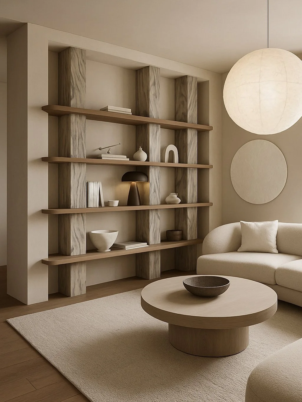 Minimalist living room with a beige sofa, round coffee table with a dark bowl, built-in wooden bookshelf with decorative objects, and a large spherical paper lantern light fixture.