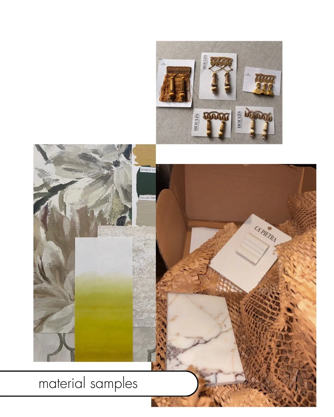 A collage of material samples including fabric swatches, paint chips, and decorative hardware such as gold tassel curtain ties.