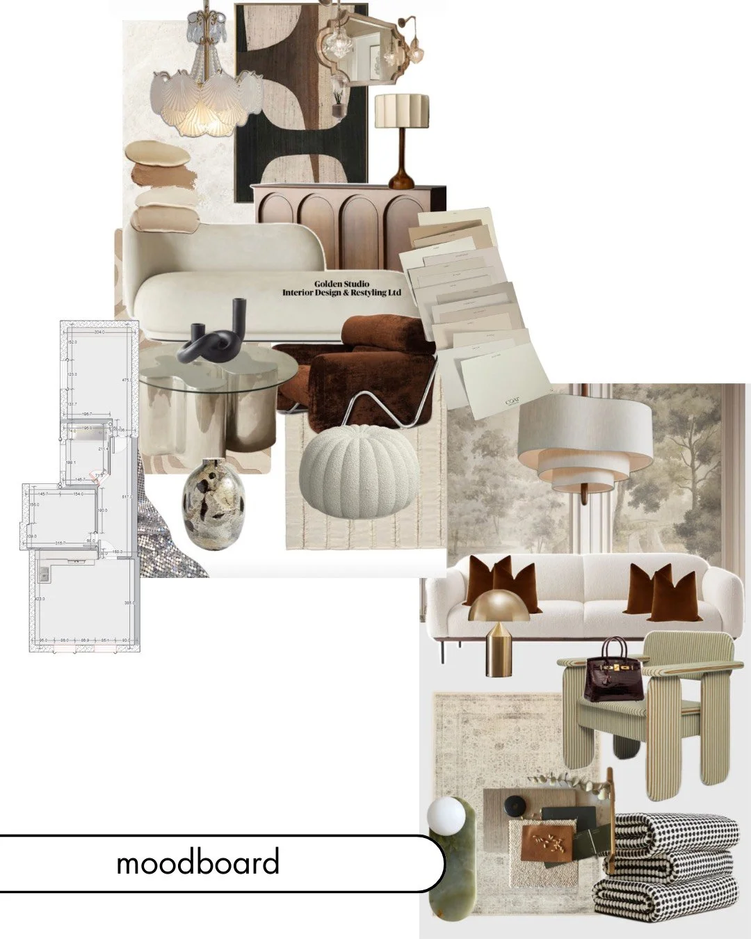 Collage of interior design mood boards featuring living room furniture, lighting fixtures, color palettes, and decor elements.