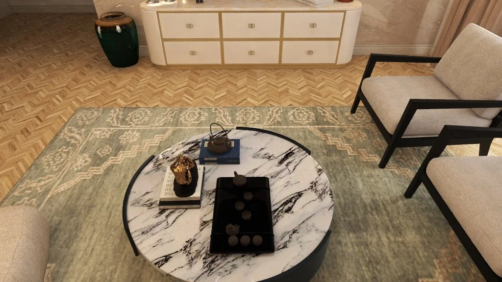 Living room with a marble coffee table on a green patterned rug, surrounded by two beige armchairs with black frames, and a white sideboard with drawers against the wall.