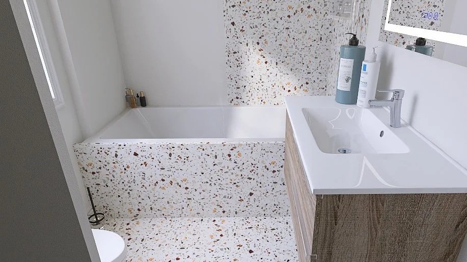 Modern bathroom with terrazzo bathtub, sink, and countertop; white walls and a mirror above the sink.