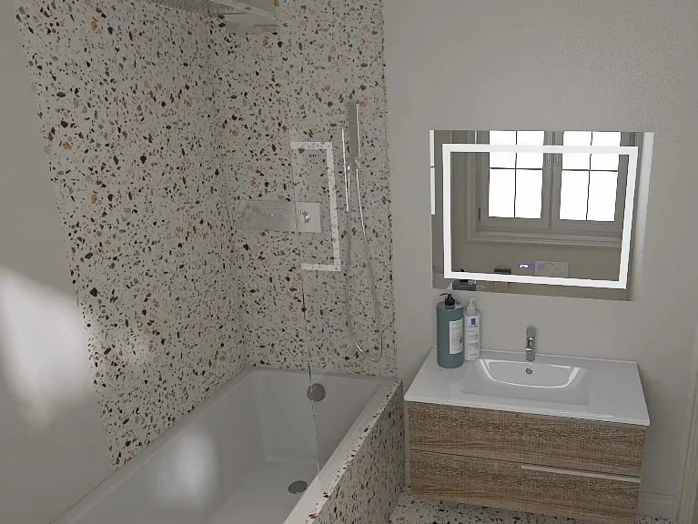 Bathroom with a terrazzo bathtub and wall, a mirror above the sink, and a window visible in the mirror