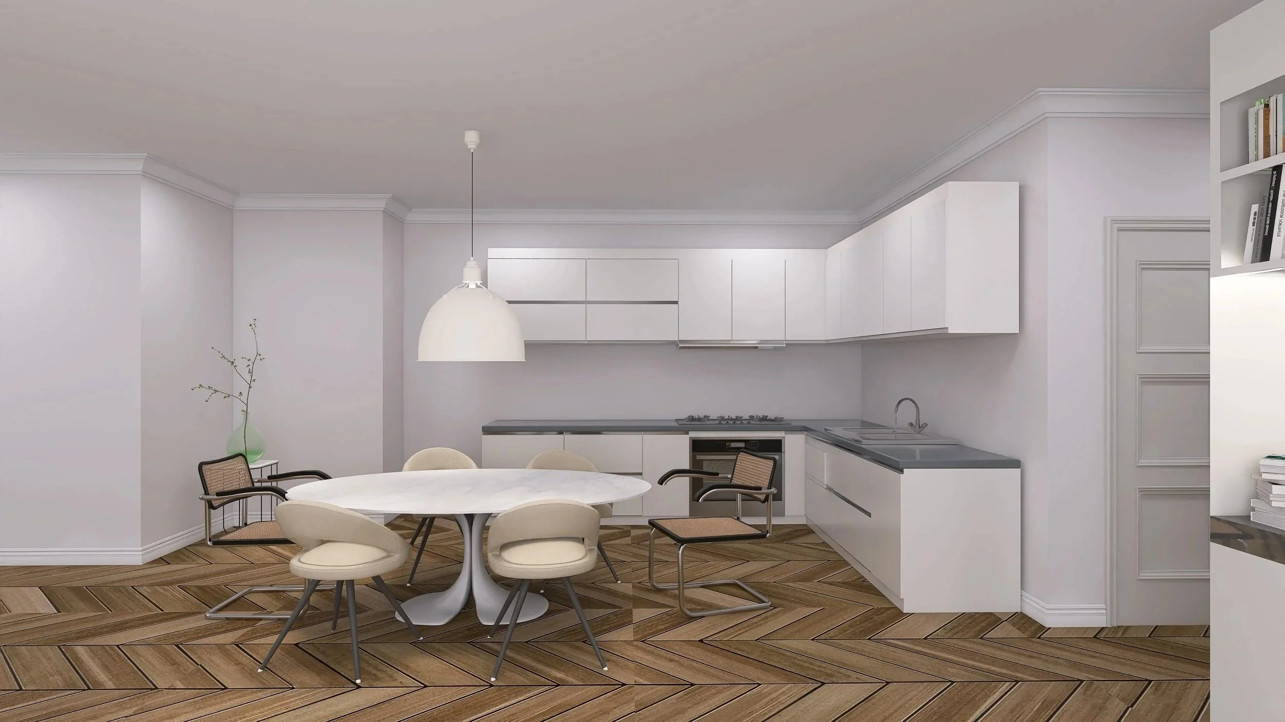 Modern white kitchen with a round dining table, beige and black chairs, white cabinets, wood parquet flooring, and a pendant light.