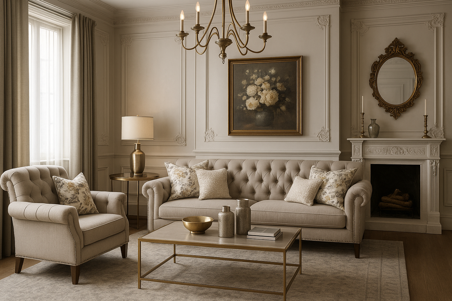Elegant living room with tufted cream sofa, armchair, gold-accented coffee table, and decorative pillows. Features classical wall paneling, a framed floral painting, ornate mirror, fireplace with accessories, and a gold chandelier. Natural light from