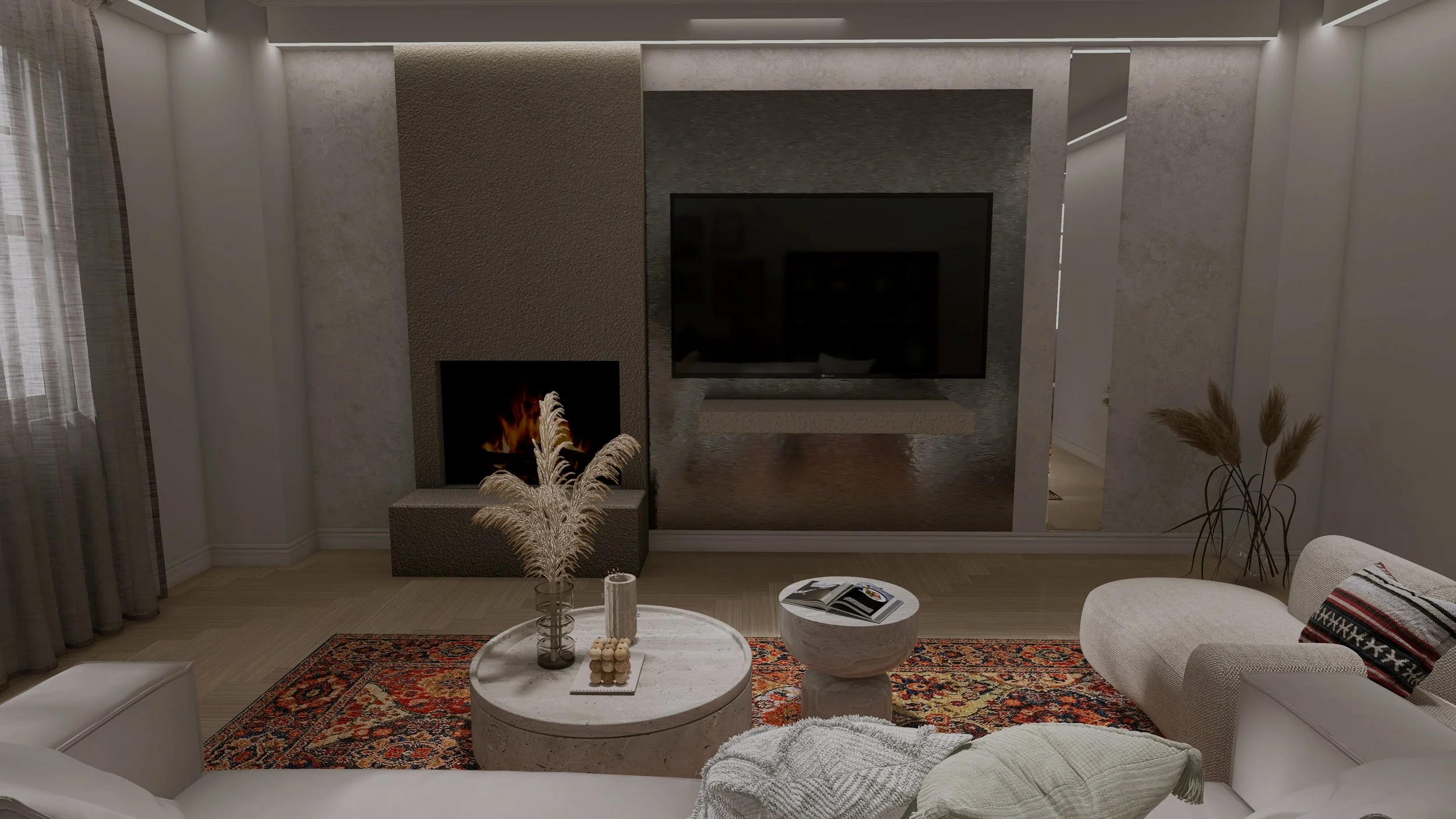 Modern living room with a flat-screen TV mounted on a wall, a small fireplace with a fire, a round marble coffee table with decorative items, a white sofa with pillows, a patterned rug, and decorative plants.