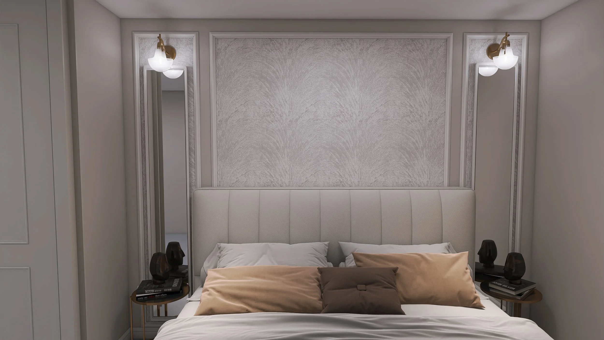 A modern bedroom with an upholstered headboard, gray textured wall, two wall-mounted light fixtures, and two side tables with books and decorative objects.