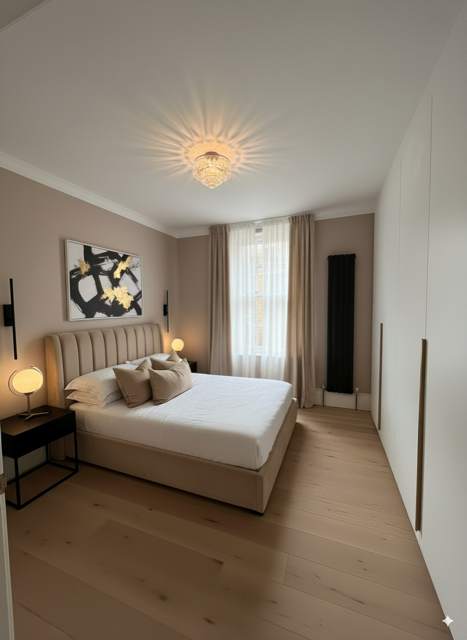 Modern bedroom with beige upholstered bed, pillows, black nightstands with lamps, abstract wall art, large window with curtains, white walls, wooden floor, and built-in white wardrobe.