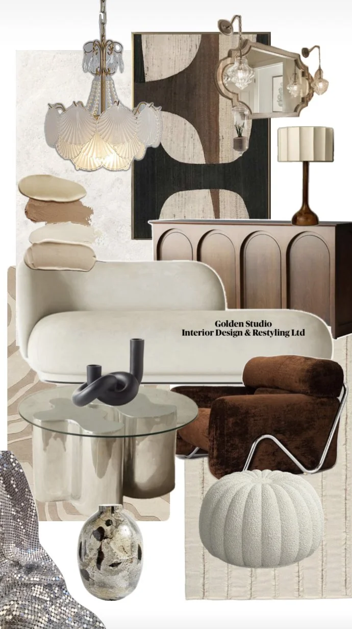 Interior interior design with a white sofa, brown velvet armchair, glass coffee table, decorative vase, black sculpture, patterned rug, wall art, mirror, table lamp, chandelier, and textured pumpkin-shaped pouf.