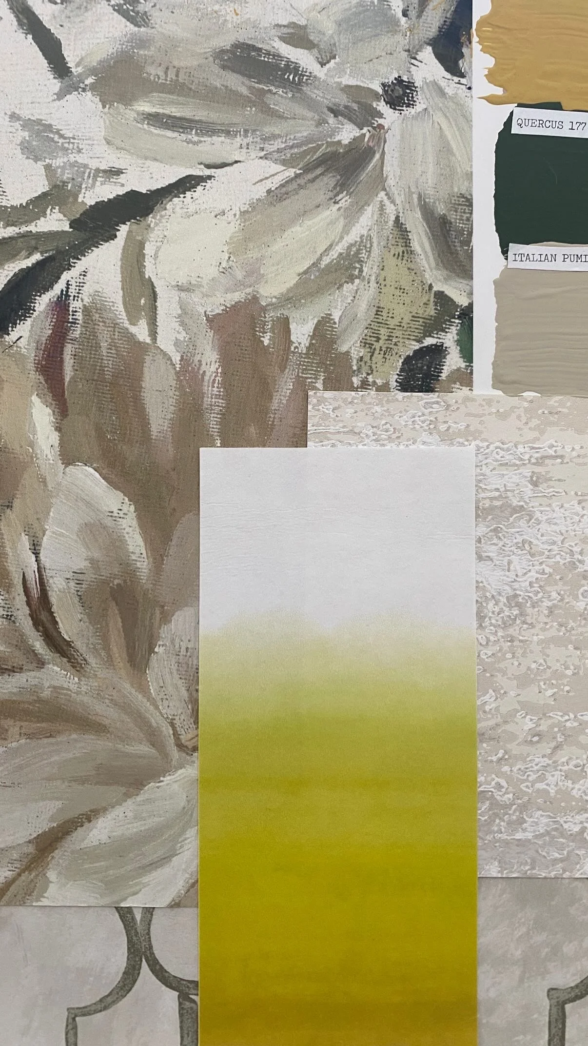 A color palette swatch with shades labeled 'QUERCUS 177' and 'ITALIAN PUMICE,' positioned above a gradient ranging from white to yellow-green.