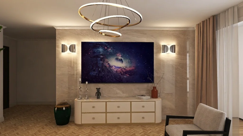 Modern living room with a large galaxy-themed wall art, beige marbled wall, and contemporary lighting fixtures.