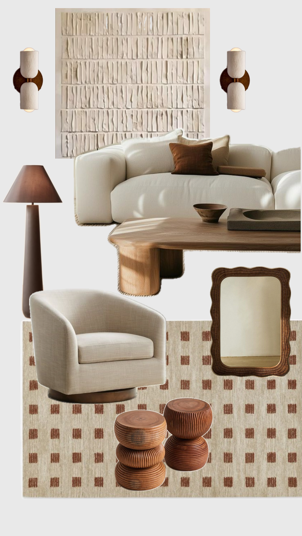 A living room with a white sofa, a brown pillow, a beige armchair on a patterned rug, a wooden coffee table, a table lamp, a wall-mounted light fixture, a decorative wall panel, a mirror with a wooden frame, and three small wooden stools.