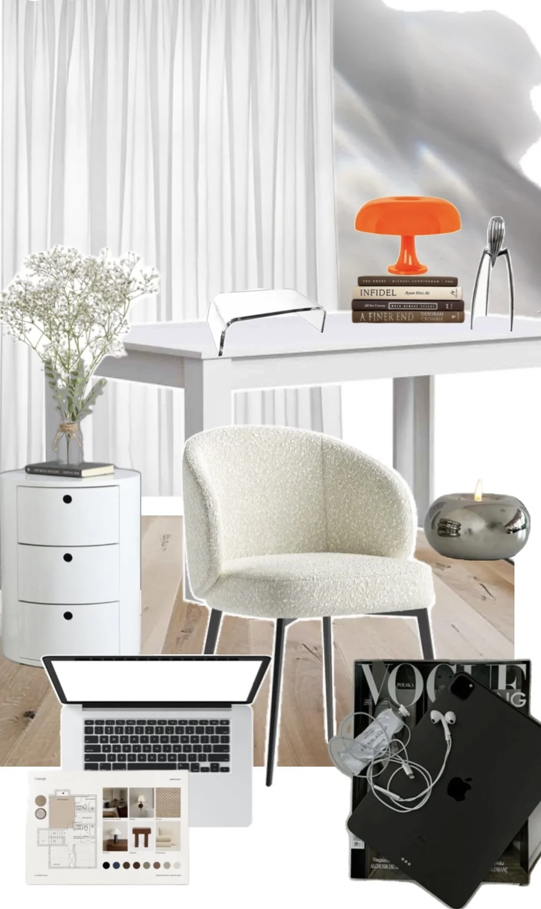 A modern home office with a white desk, beige armchair, white three-drawer storage unit, and decorative items including a white vase with flowers, books, an orange lamp, a metallic decorative piece, a laptop, magazines, and a magazine with the title 