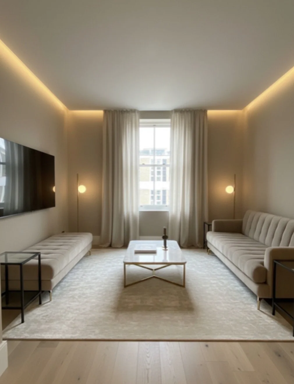 A modern minimalist living room with two beige sofas, a white coffee table, black side tables, a large wall-mounted TV, cream curtains, and two standing lamps.