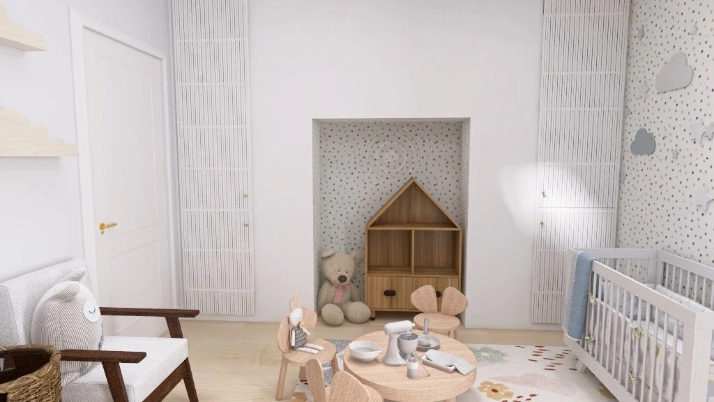 Nursery room with white walls, wooden furniture, stuffed bear, small chairs, and a crib, decorated with clouds on the wall.
