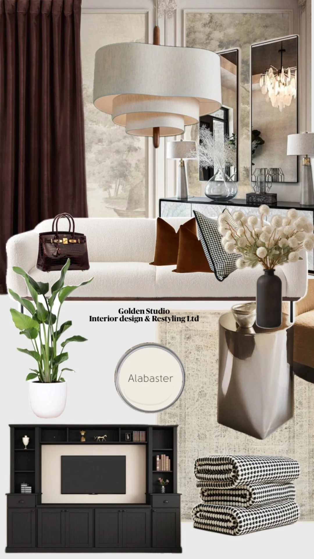 Living room interior with a white sofa, decorative pillows, a large pendant light, plant, black console table with vases, a mirror, a picture frame, and folded textiles, beige wall, dark curtains.