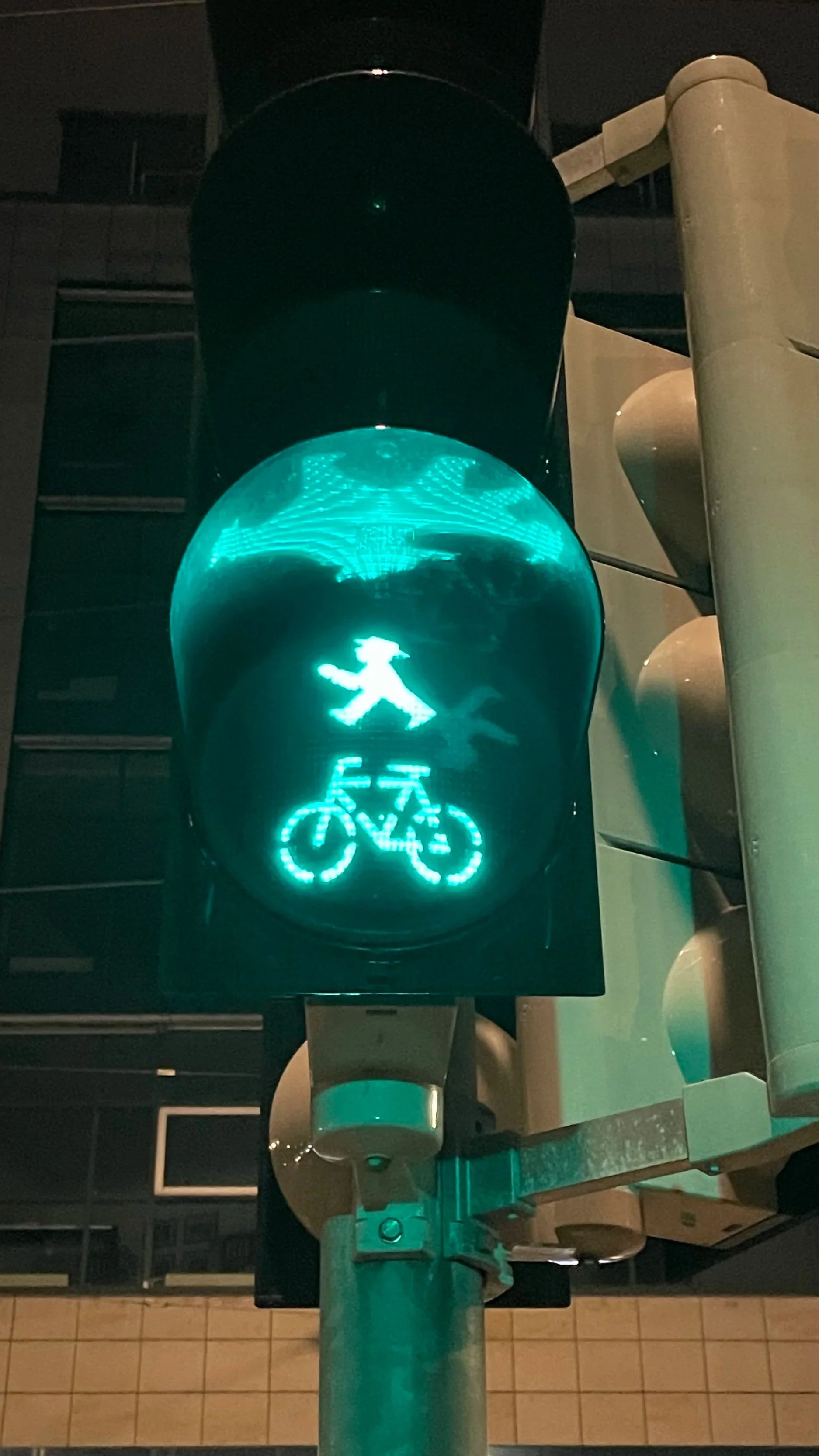 A traffic light showing a green walking person and bicycle symbols for pedestrians and cyclists.