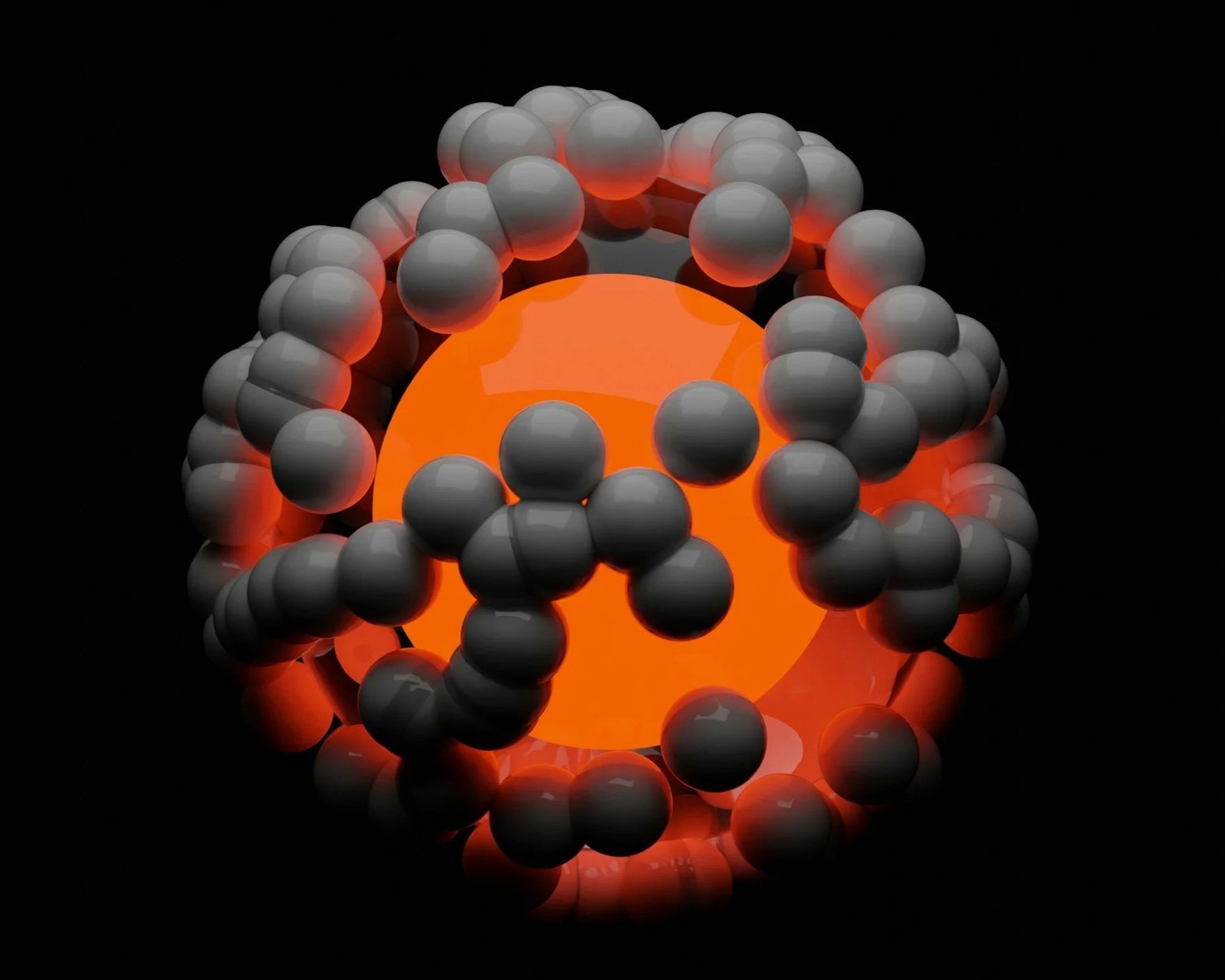 A glowing orange sphere surrounded by a ring of gray spherical atoms on a reflective black surface.