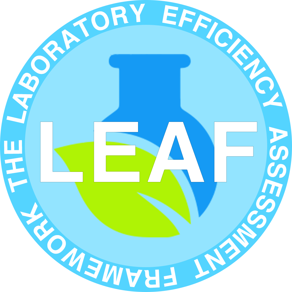 Logo of the Laboratory Efficiency Assessment Framework (LEAF) featuring a blue laboratory flask and green leaf, with the words "LEAF" overlaid and a circular border with the text "The Laboratory Efficiency Assessment Framework".