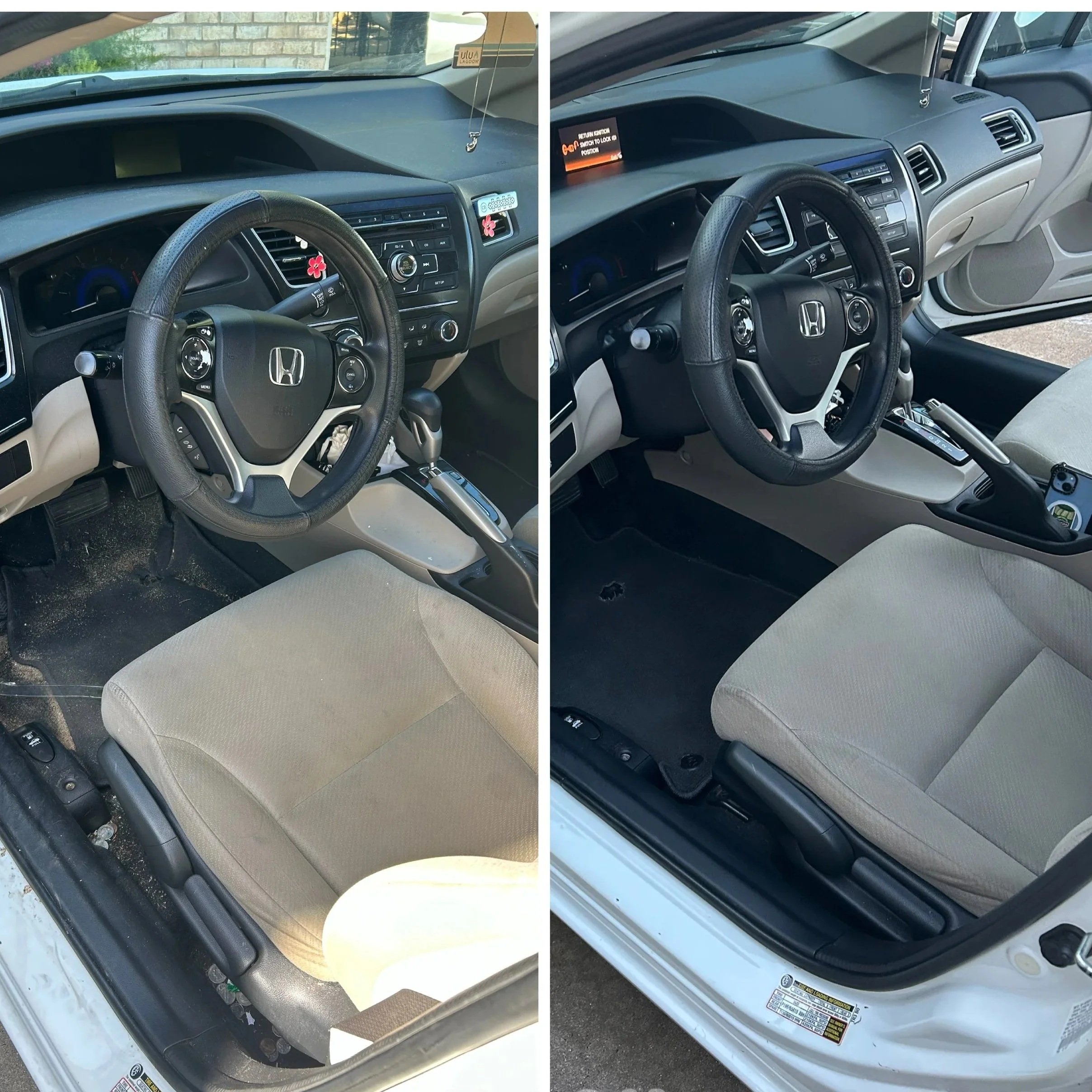 Side-by-side comparison of car interiors showing the driver's side with a beige seat, black steering wheel, and dashboard before and after cleaning, with the after image showing a cleaner floor and more organized interior.