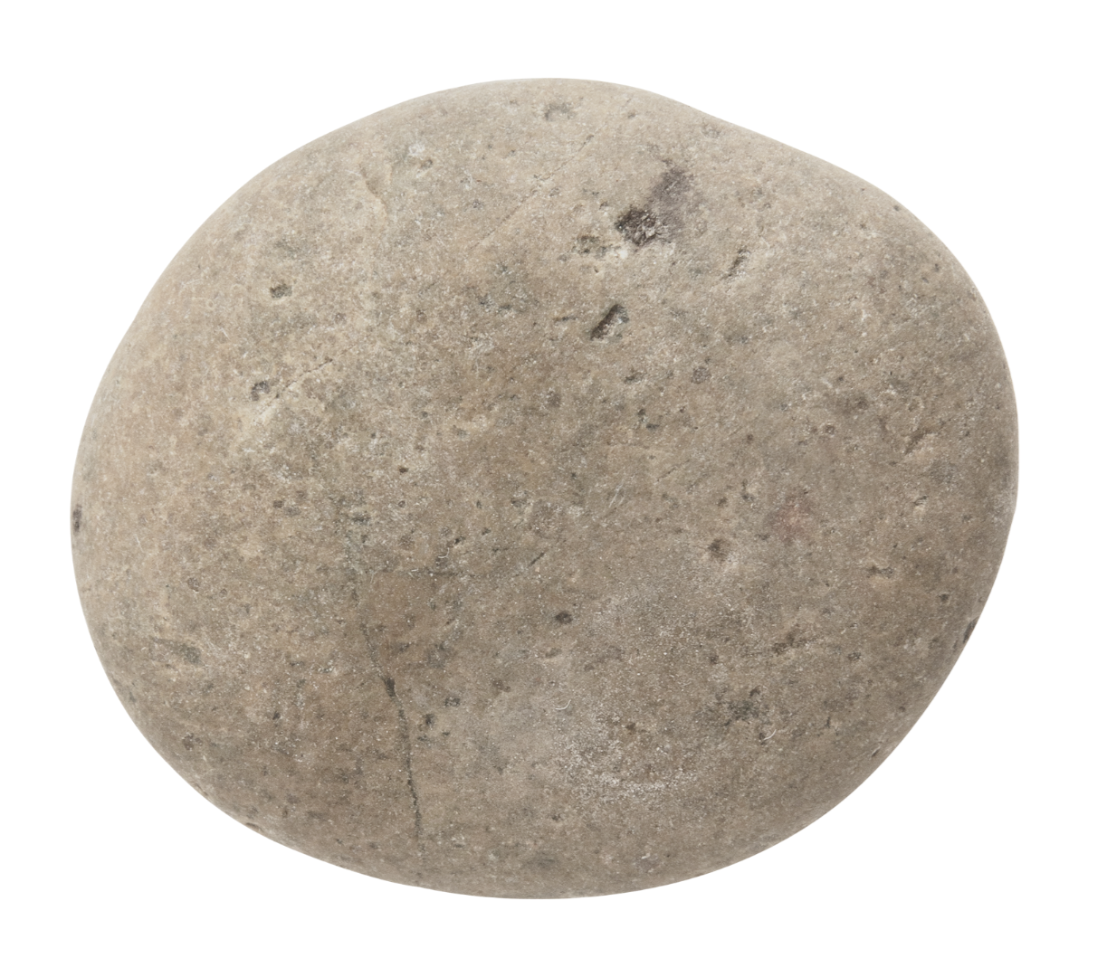 A round, weathered stone or concrete ball with a rough surface and small dark spots.