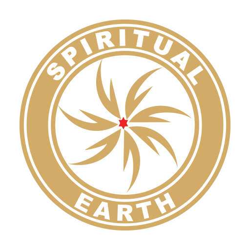 A circular logo with a gold and white color scheme that says 'Spiritual Earth' around the circumference. The center features a stylized design with gold leaf-like shapes spinning around a red starburst at the middle.