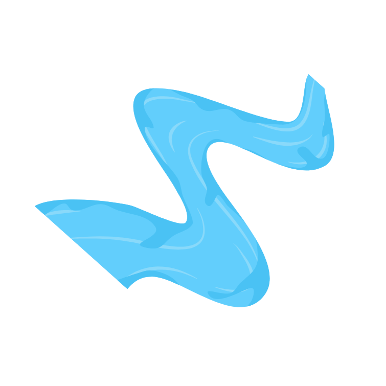 Blue illustrated water splash shape on black background.