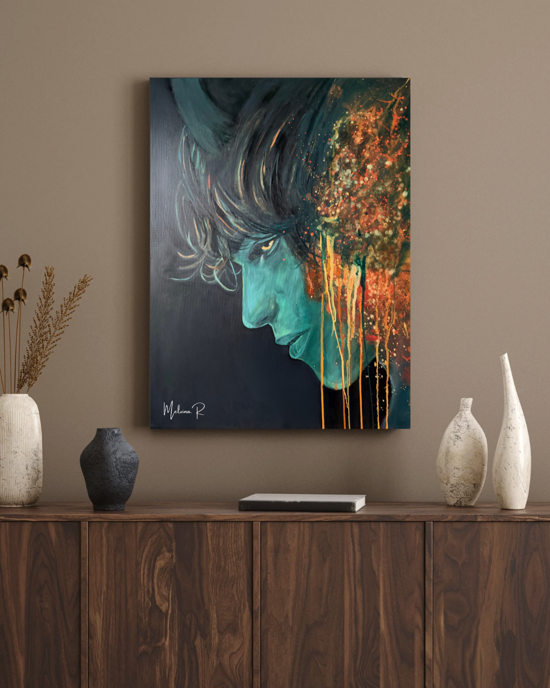 A colorful abstract portrait of a woman with teal skin and dark hair, with paint splatters and drips on a black background, signed by Melina R.