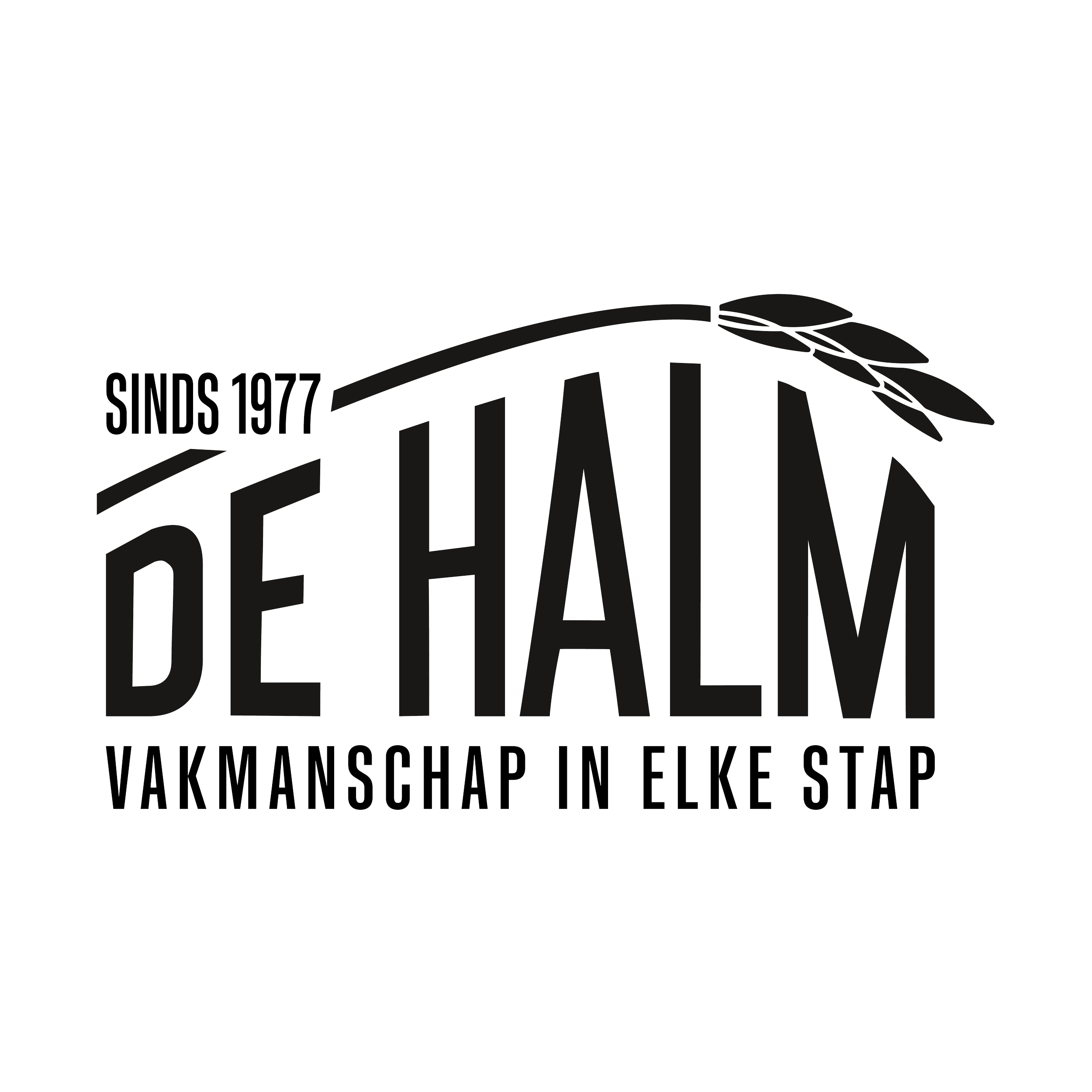 Het logo van De Halm, een vakmanschap in elke stap, opgericht sinds 1977