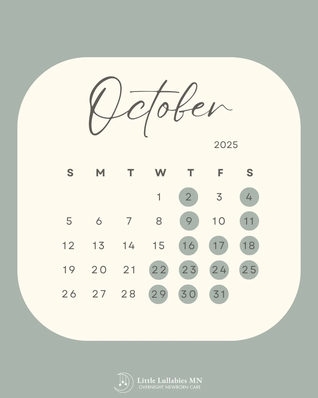 October 2025 - available dates are GREEN