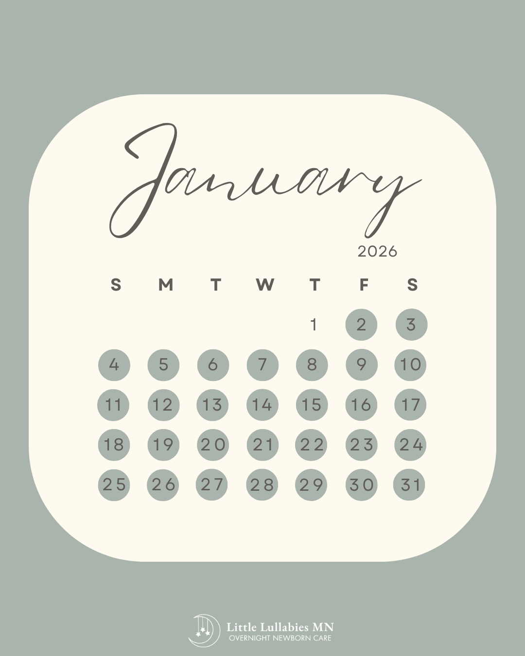January 2026 - available dates are GREEN
