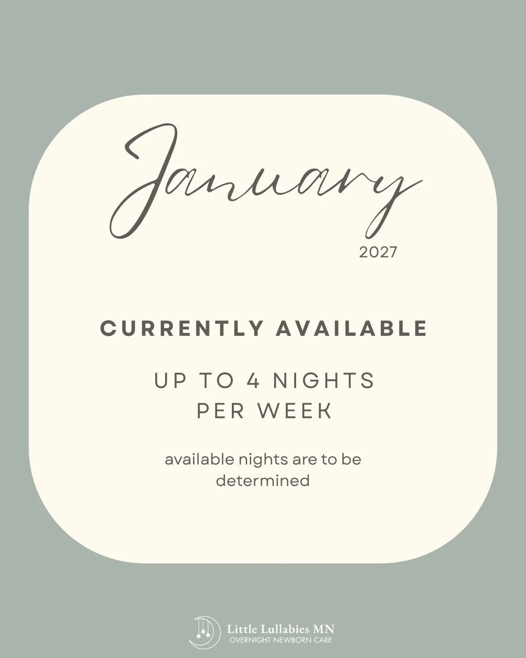 January 2027 - AVAILABLE up to 4 nights/week