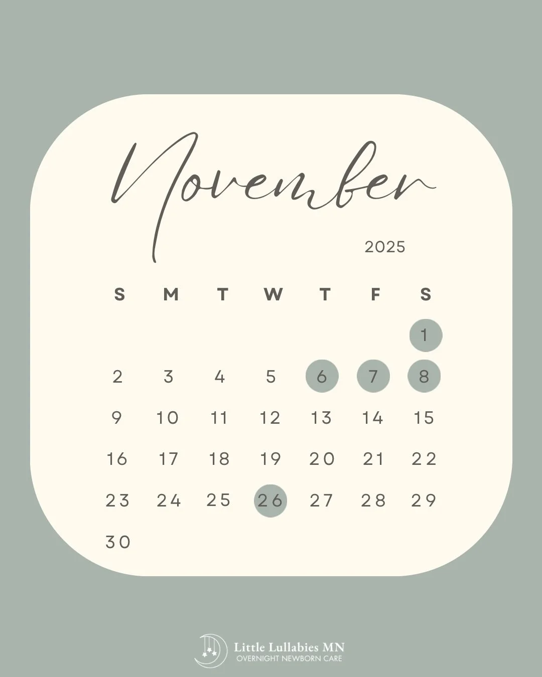 November 2025 - available dates are GREEN